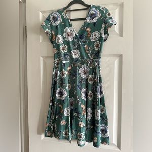 Green floral faux wrap dress